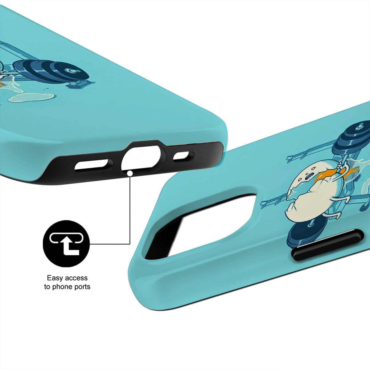 Blue phone case with cartoon design and text 'Easy access to phone ports' on a white background