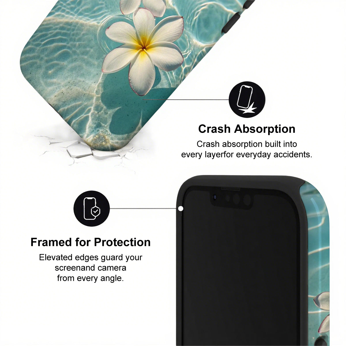 Phone case with floral design and text highlighting crash absorption and protection features.