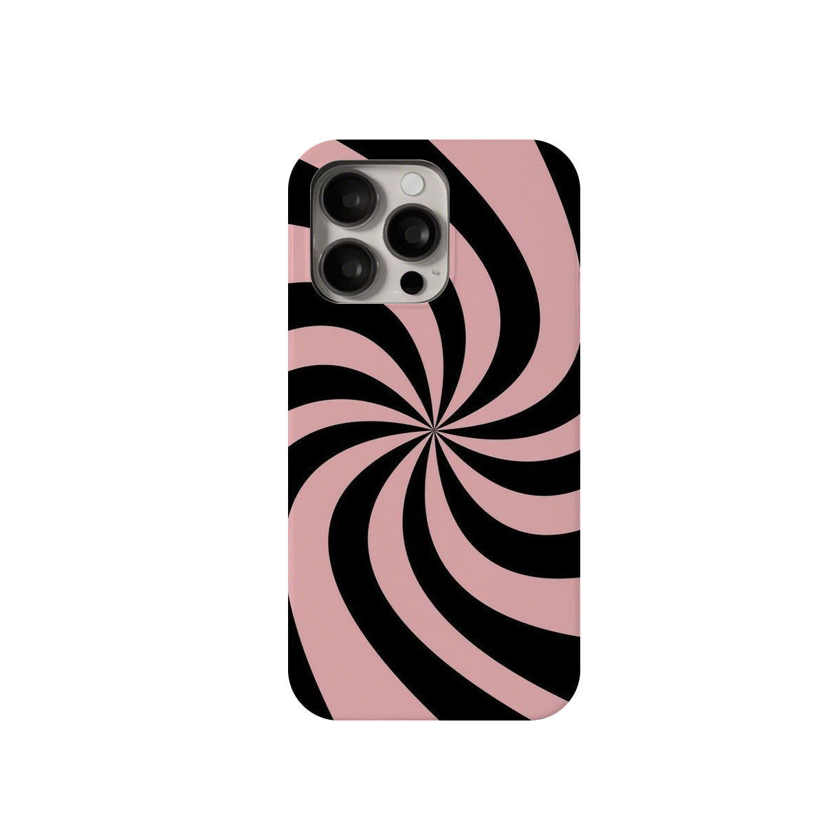 Phone case with black and pink spiral design on a white background