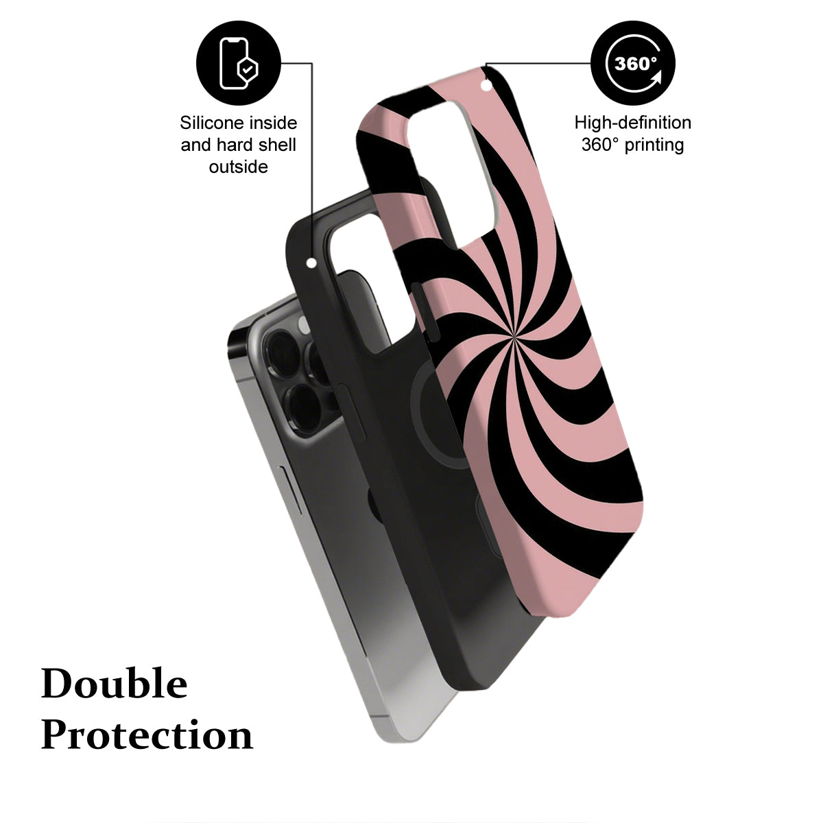 Phone case with pink and black spiral design, featuring text on double protection and printing quality.
