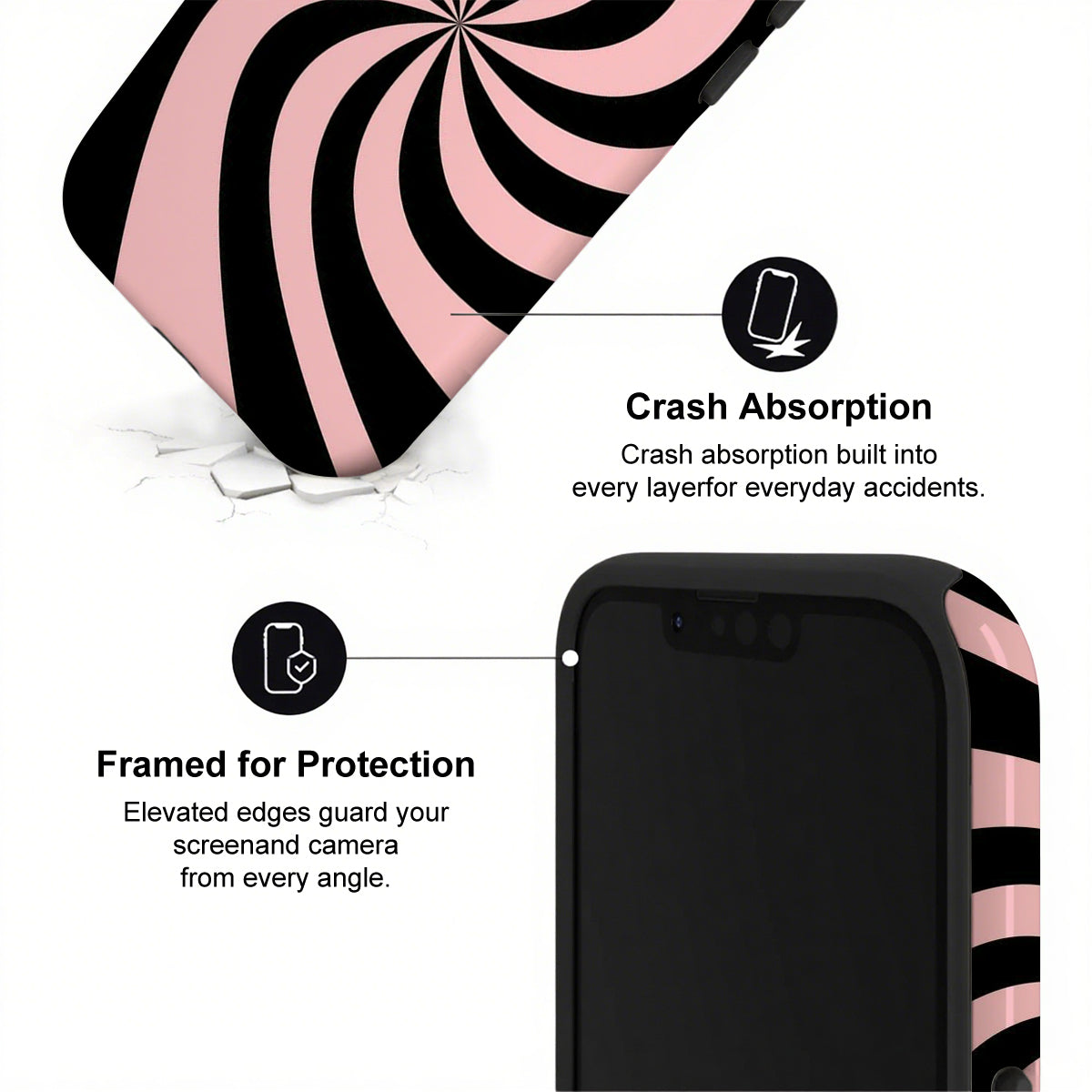 Phone case with black and pink striped design, showing crash absorption and protection features.