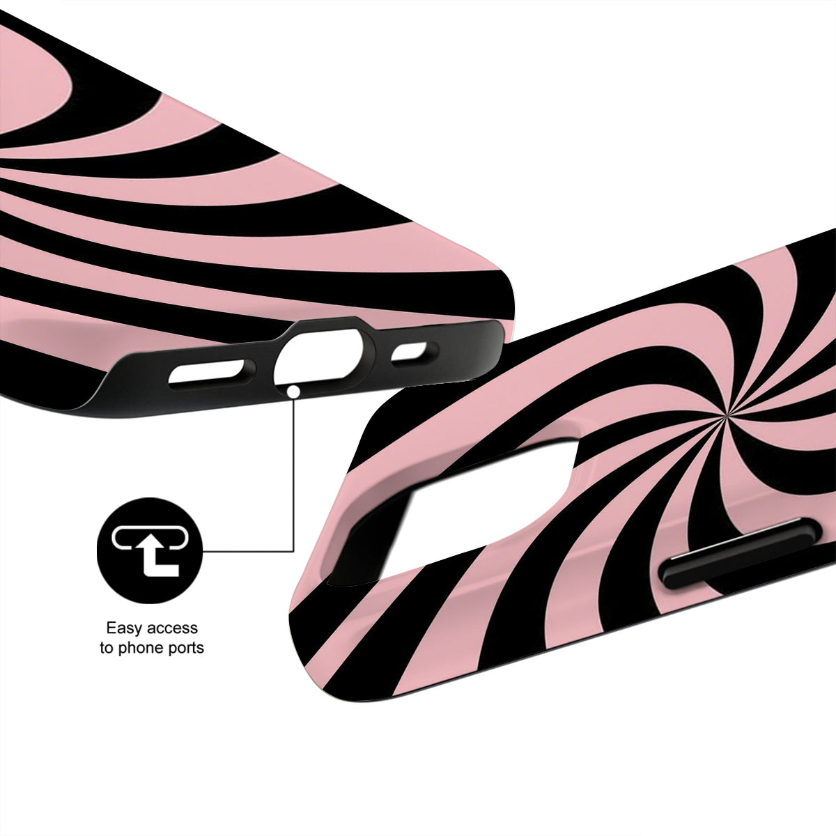 Phone case with pink and black zebra pattern on a white background