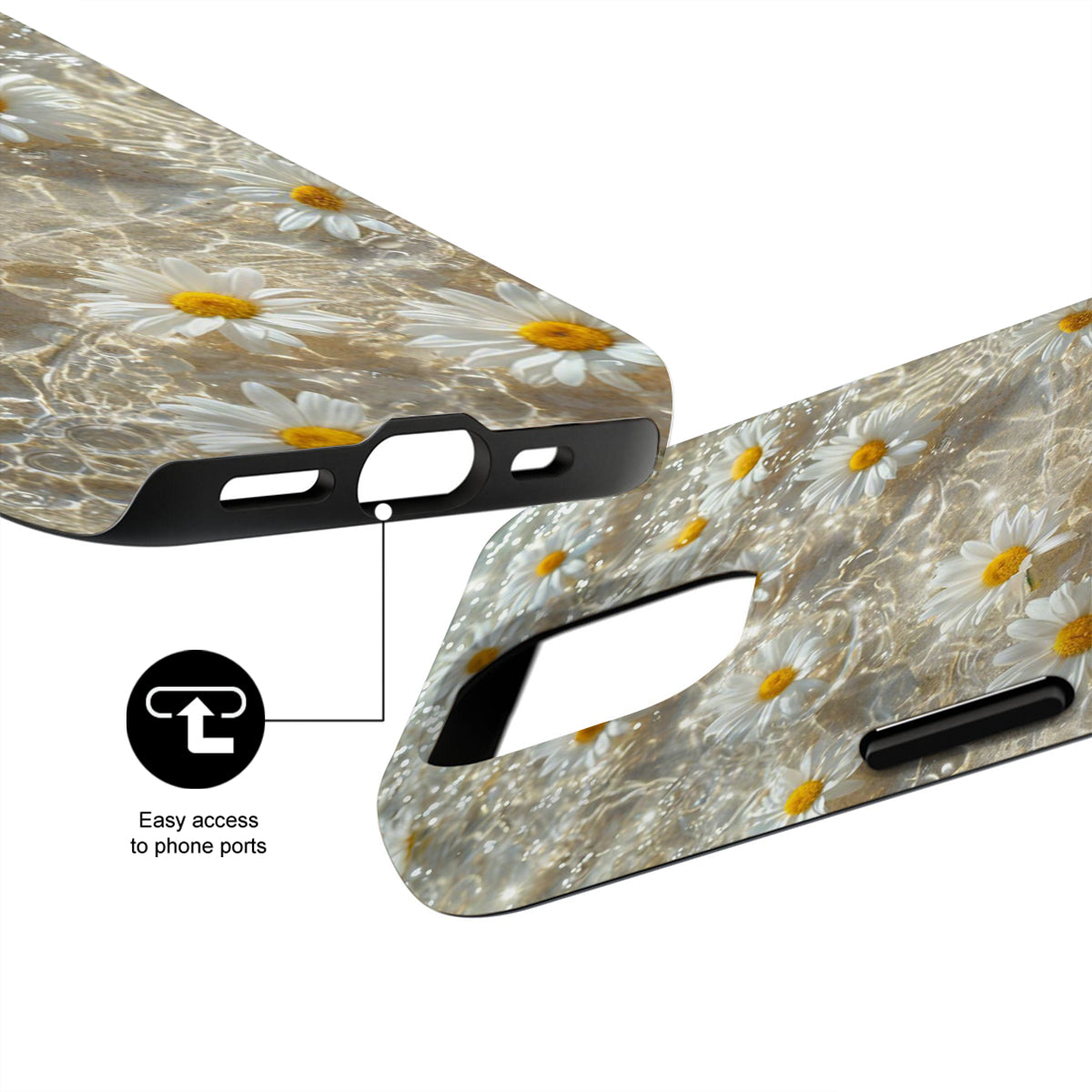 Phone case with floral design and text 'Easy access to phone ports' on a white background