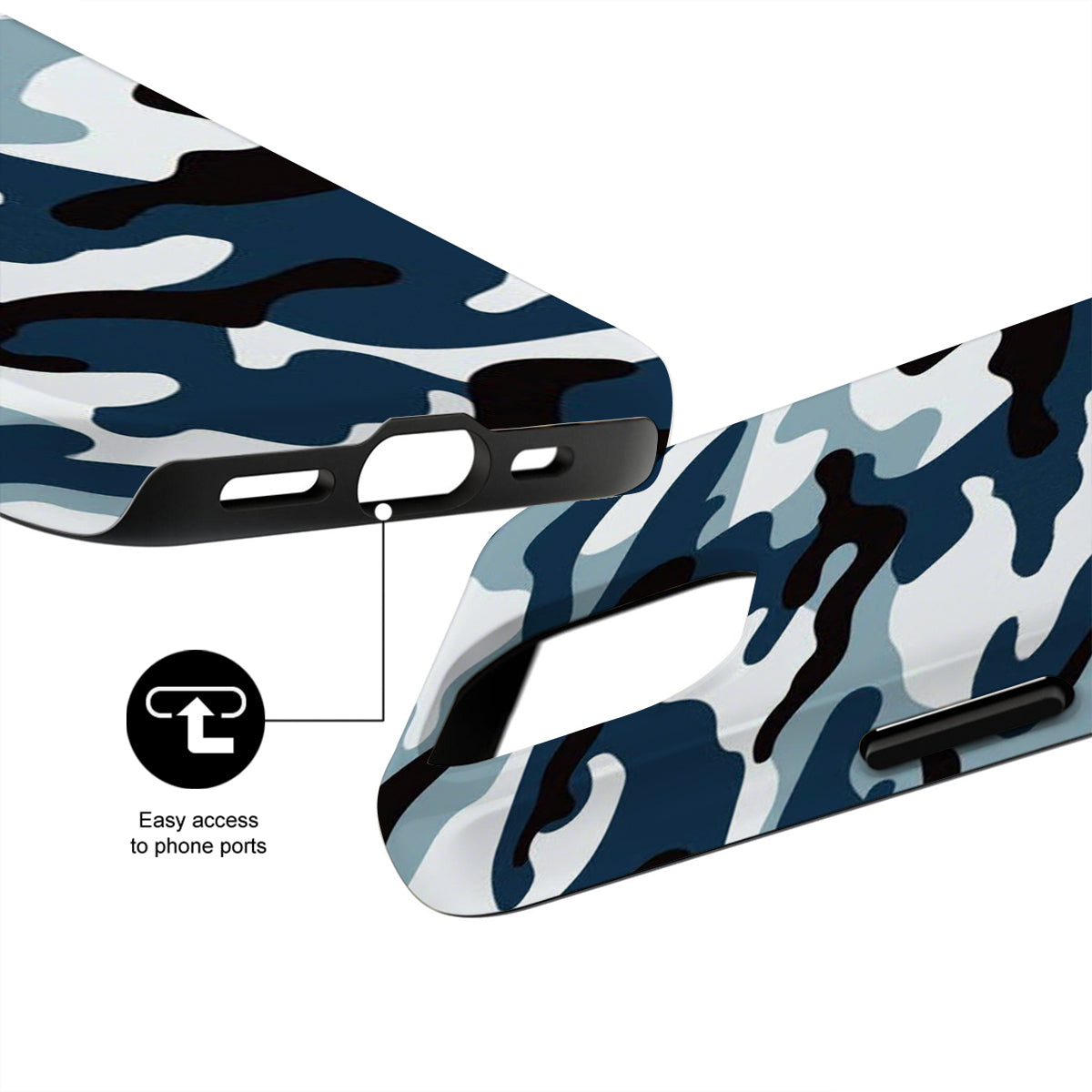 Camouflage phone case with ports highlighted on a white background