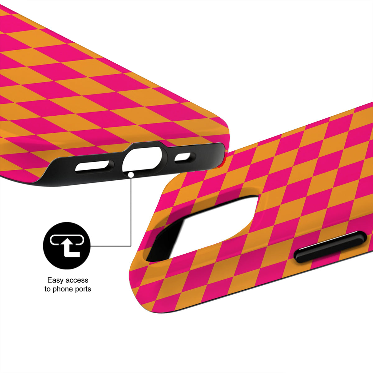 Pink and orange checkered phone case with ports highlighted on a white background