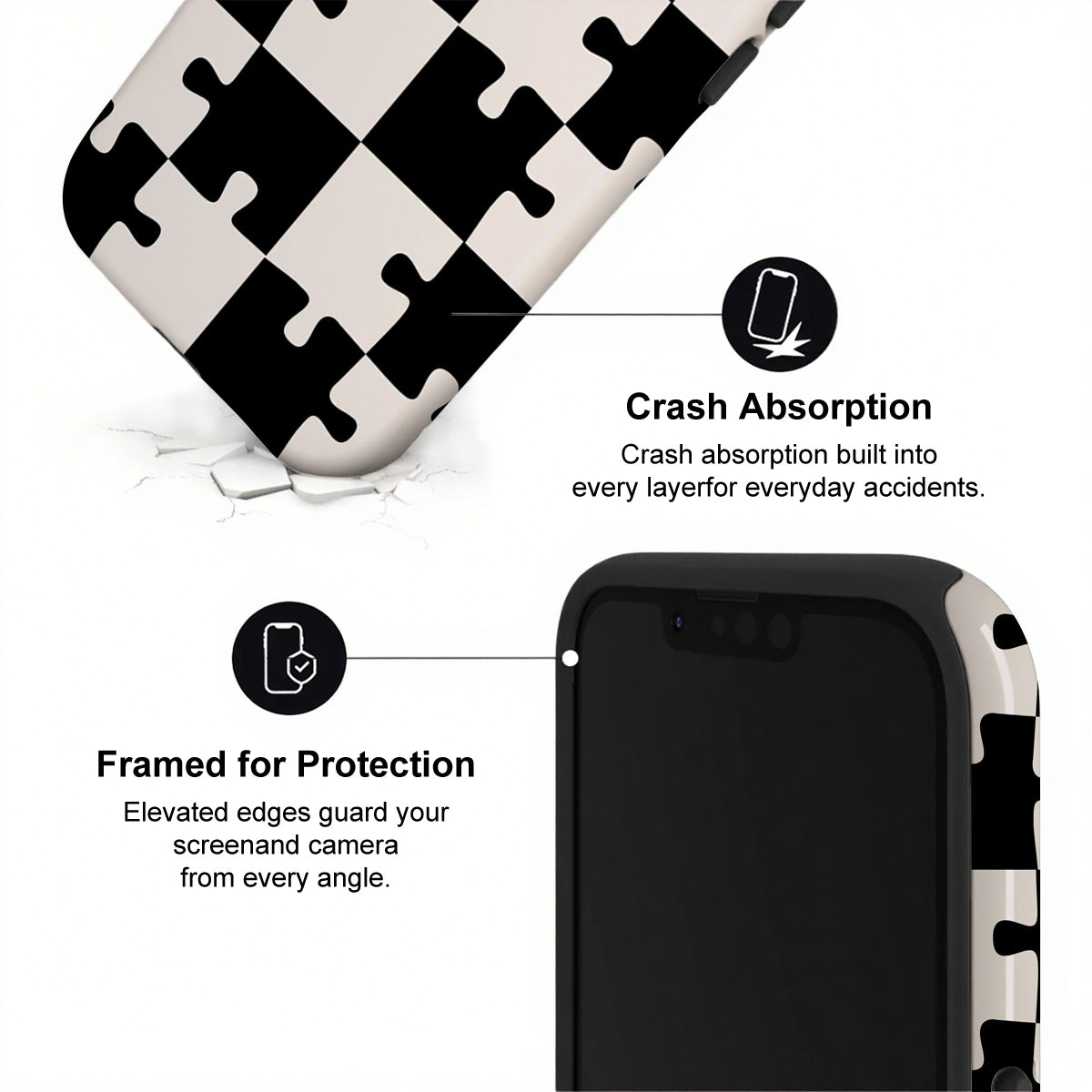 Phone case with black and white checkered pattern and text highlighting crash absorption and protection features.