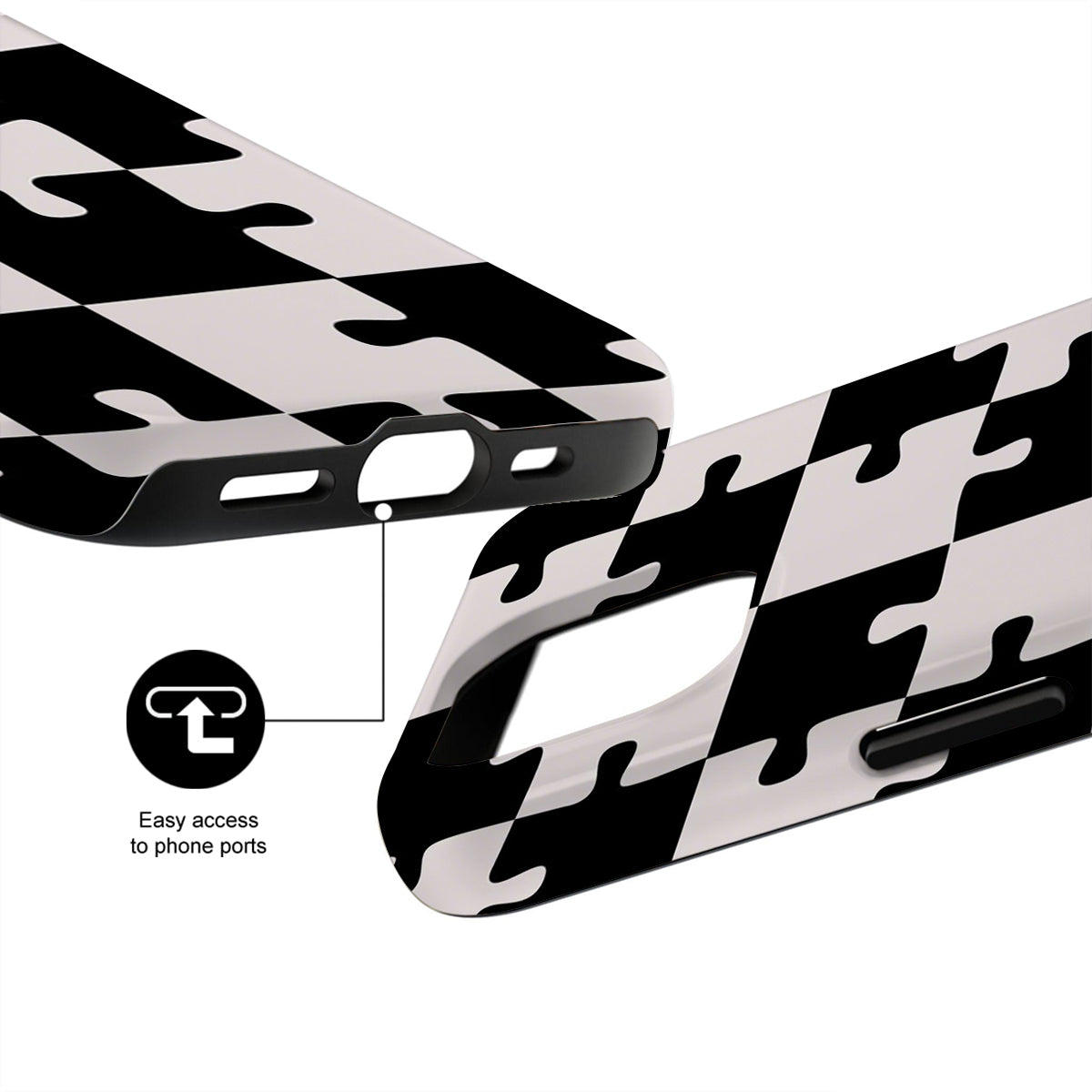 Black and white checkered phone case with design details on a white background