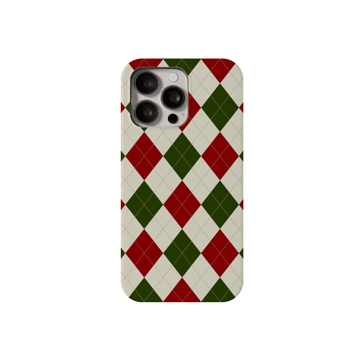 Phone case with red and green checkered pattern on a white background