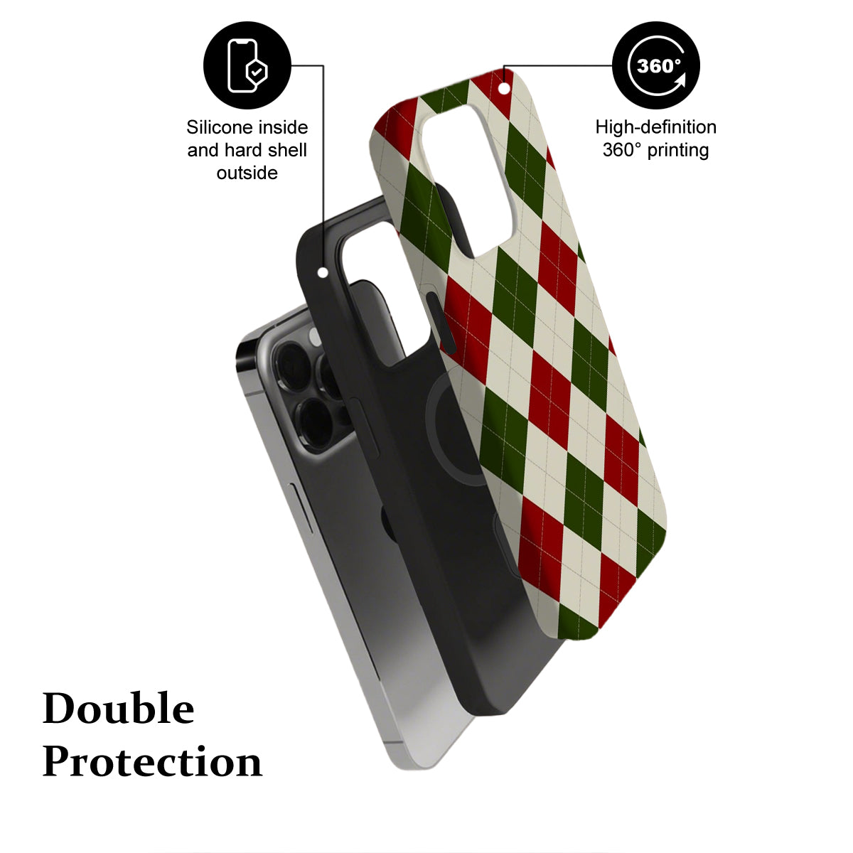 Phone case with checkered design and text highlighting features on a white background