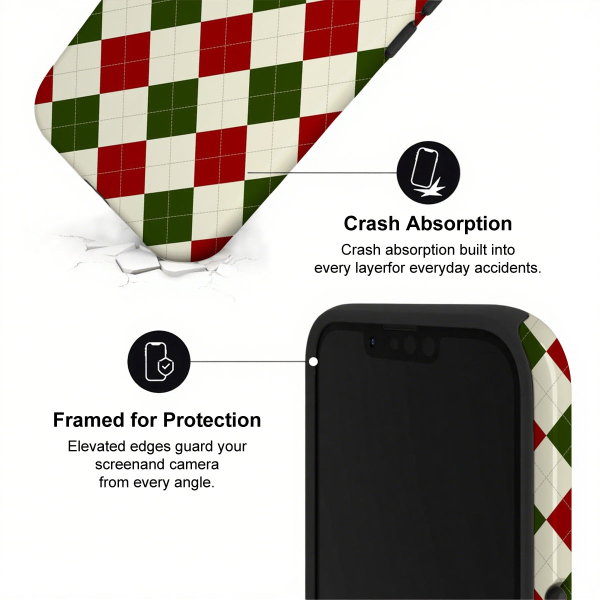 Phone case with checkered design and text highlighting crash absorption and protection features.