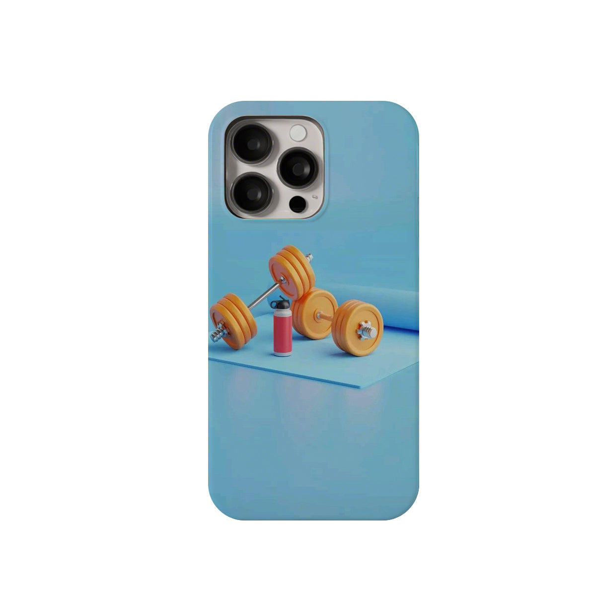 Phone case with barbell and dumbbell design on a blue background