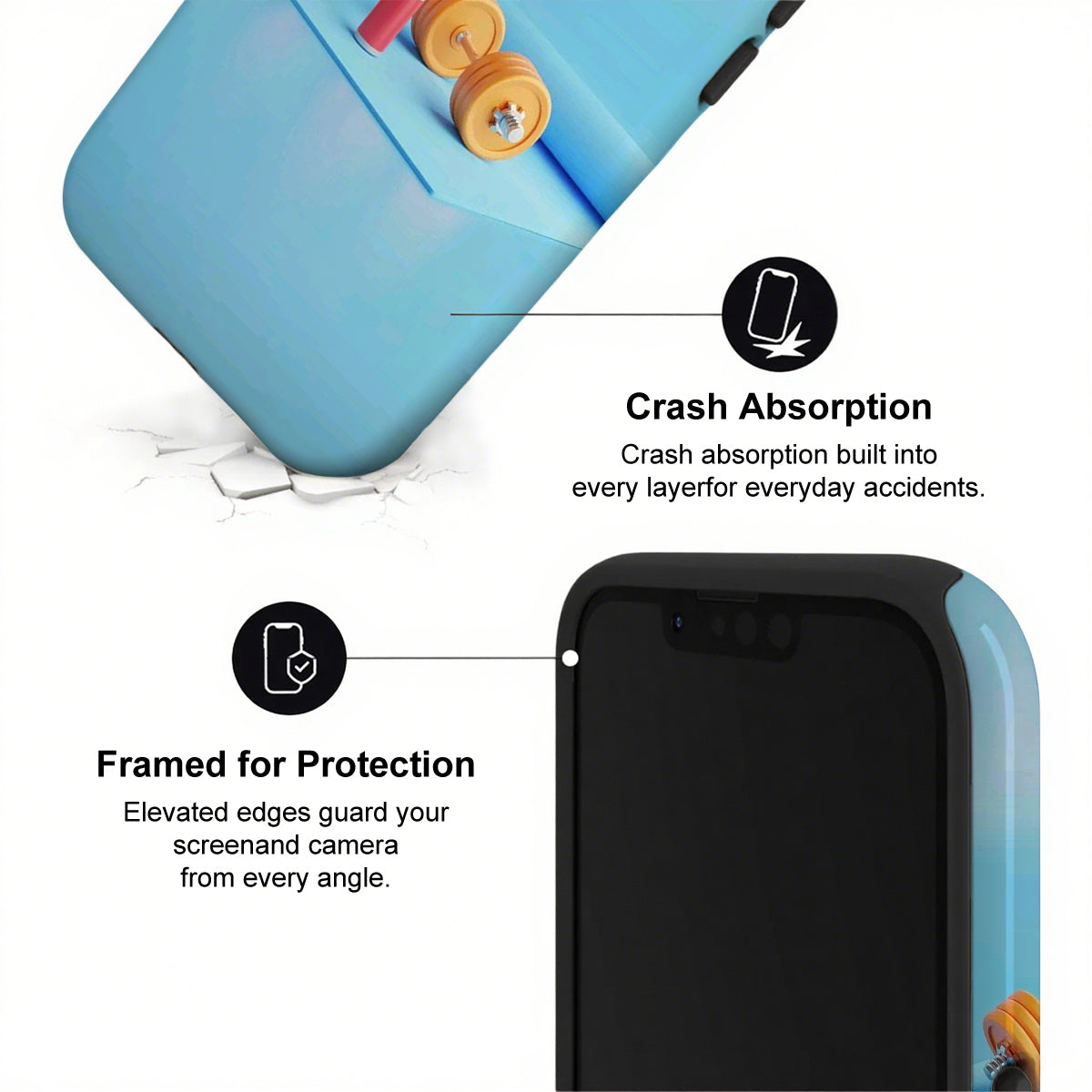 Phone case with crash absorption and framed protection features on a white background
