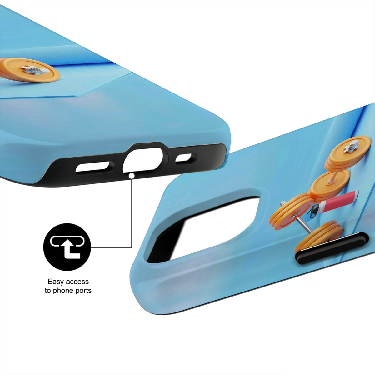 Phone case with design of a character and text 'Easy access to phone ports' on a white background