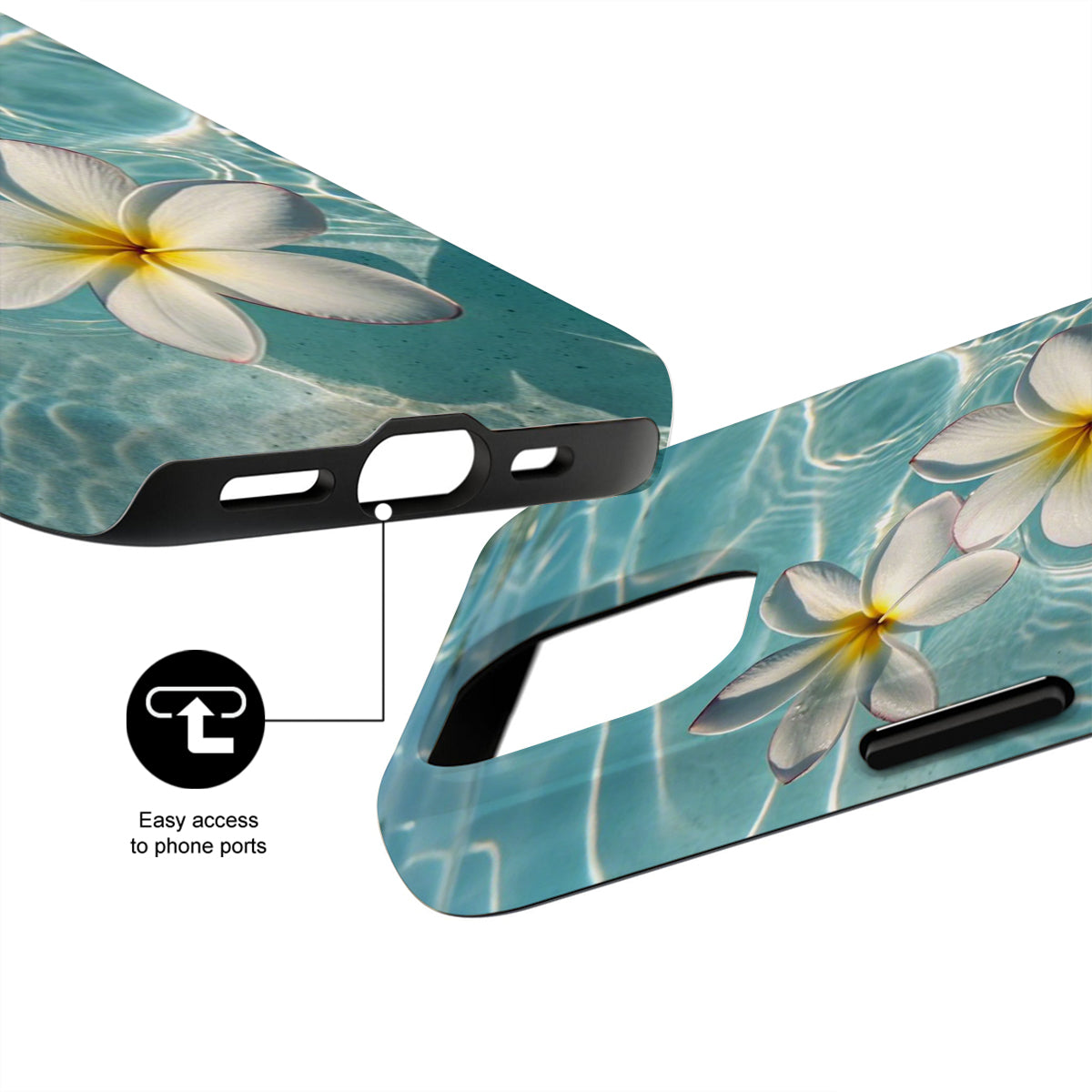 Phone case with floral design and easy access to phone ports feature