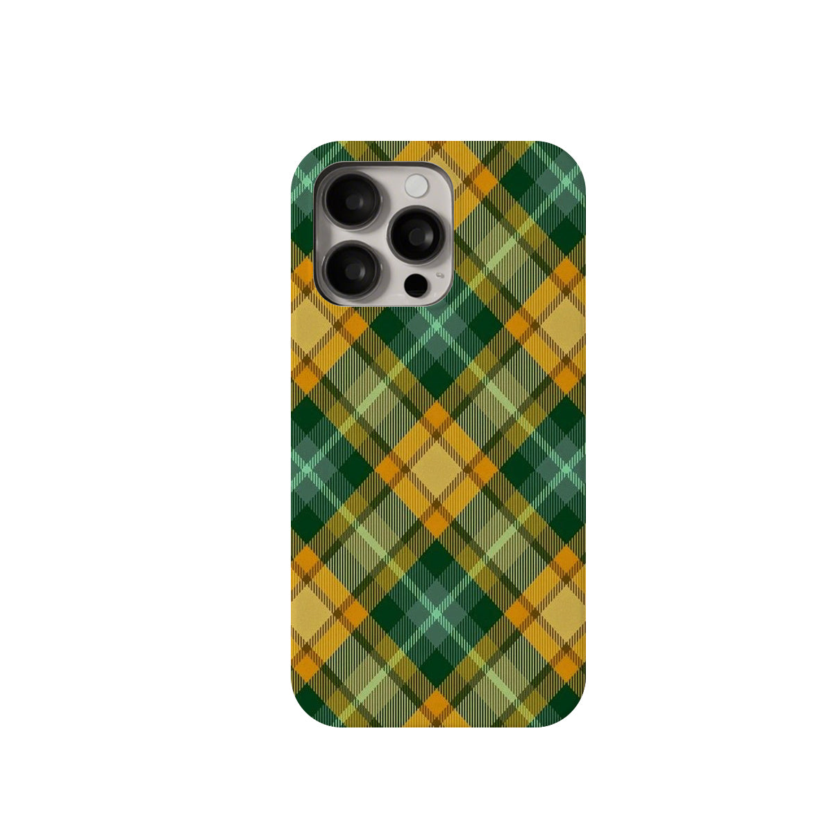 Phone case with green and yellow plaid pattern on a white background