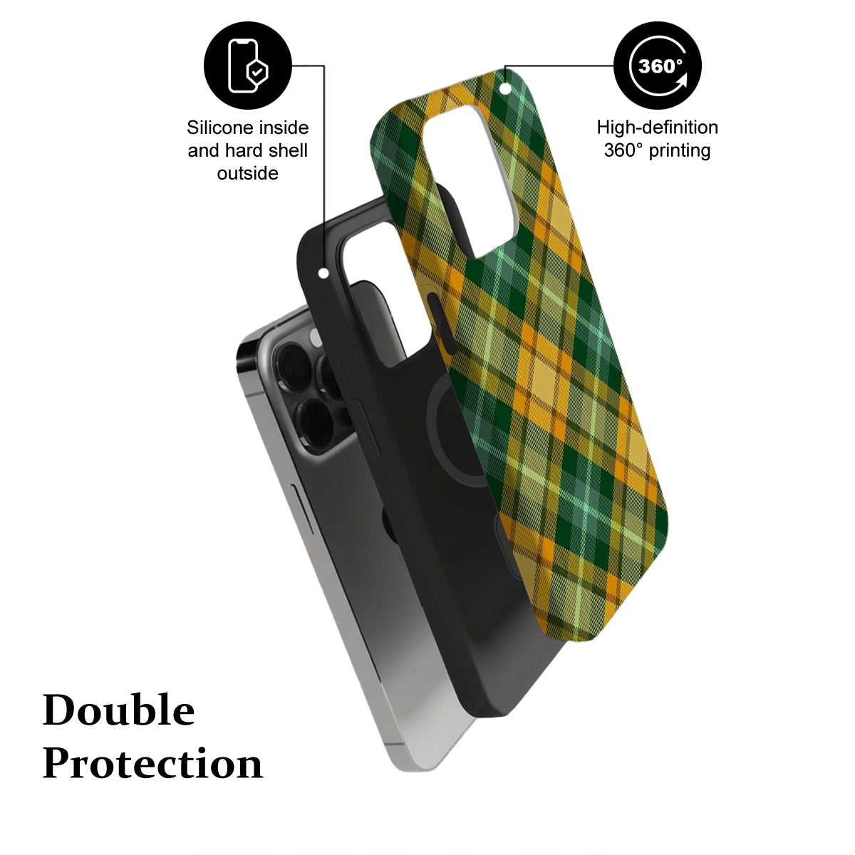 Phone case with green and yellow plaid design and text highlighting features on a white background