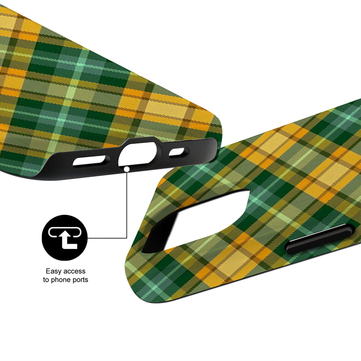 Green and yellow plaid phone case with black accents on a white background