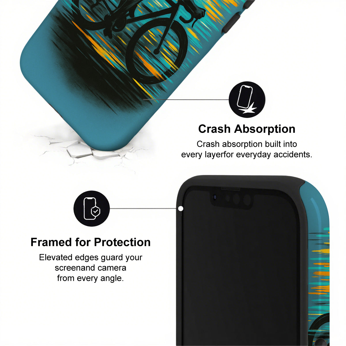 Phone case with crash absorption and framed protection features on a white background