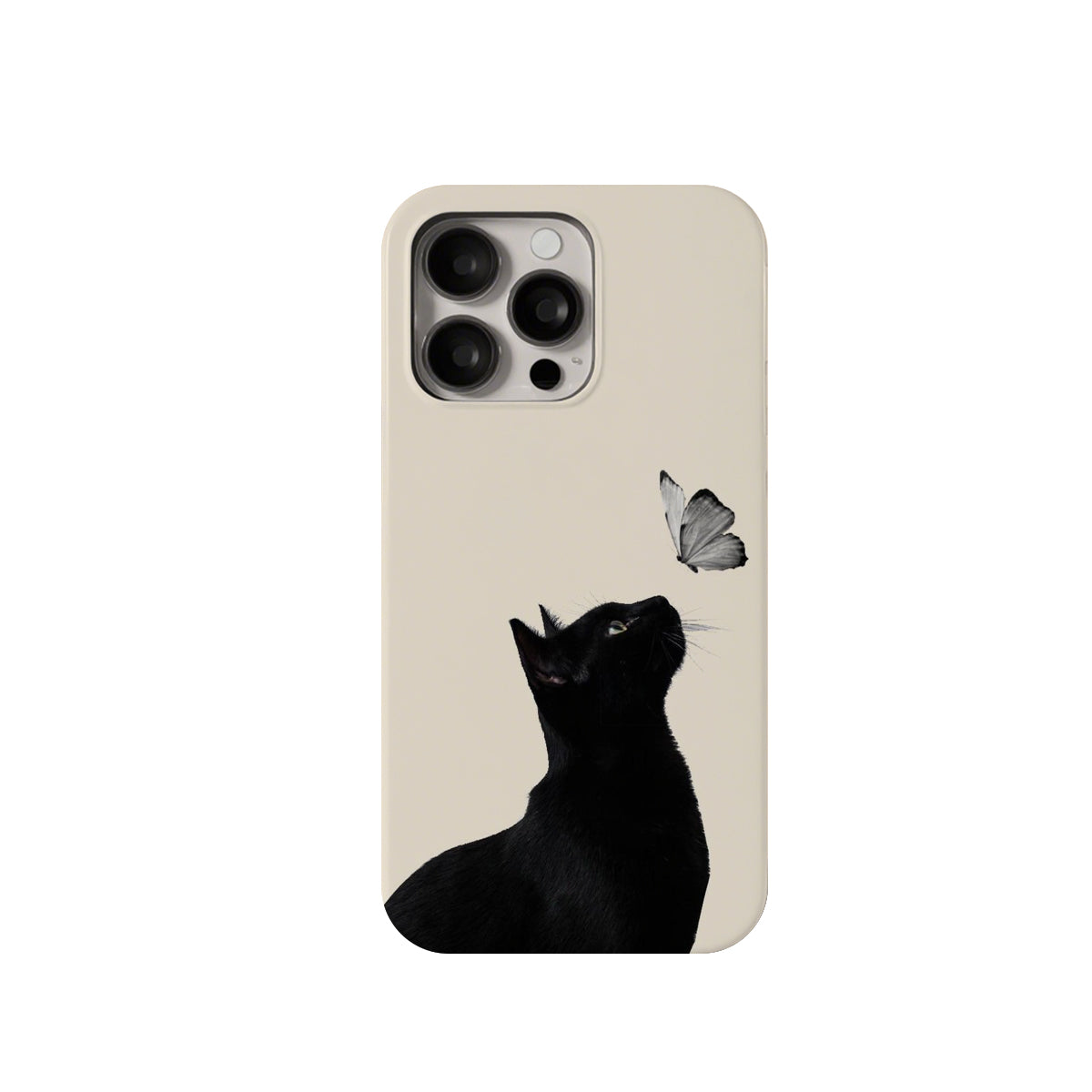 Phone case with a black cat and butterfly design on a beige background