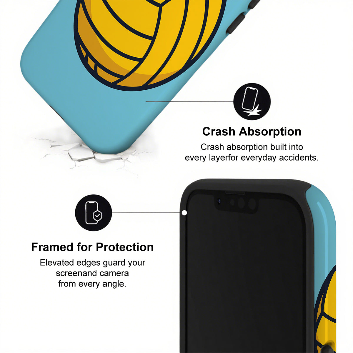 Phone case with volleyball design and text about crash absorption and protection.