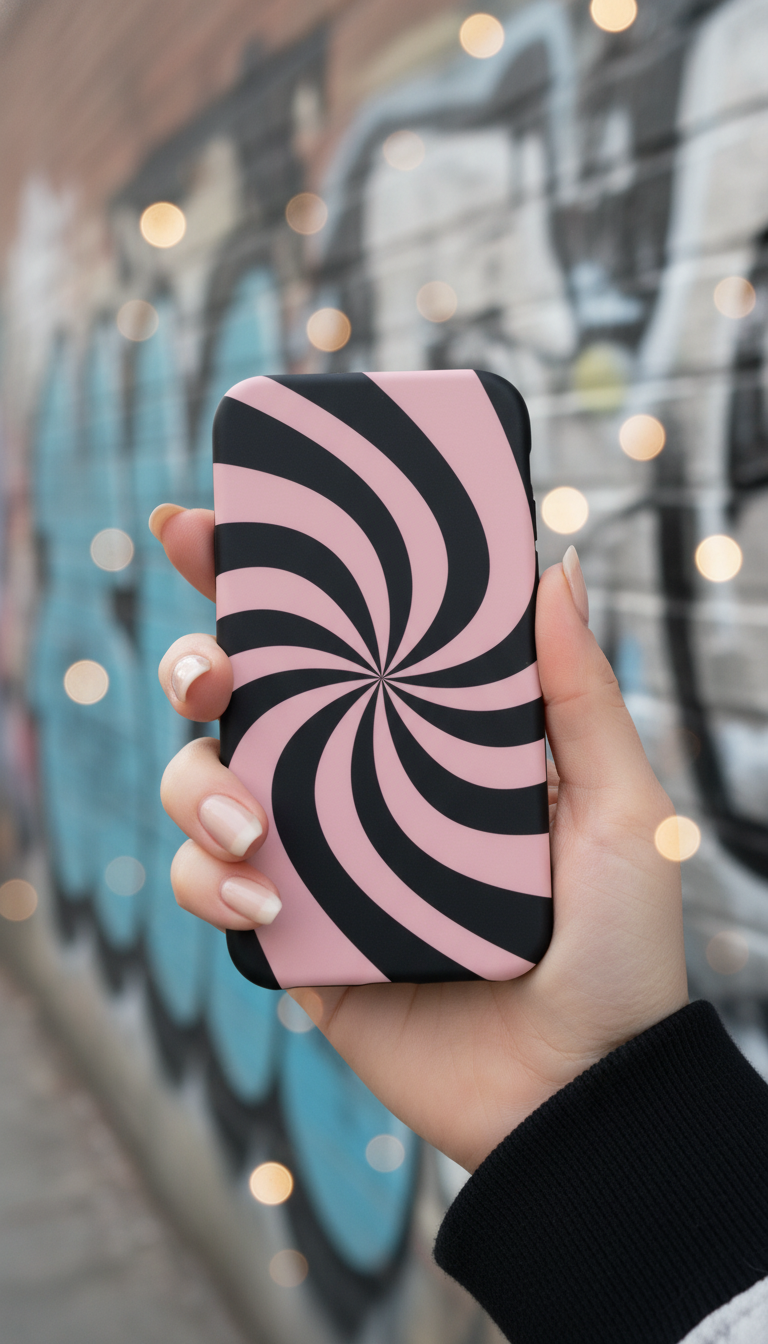 Hand holding a phone with a pink and black spiral case against a blurred street background