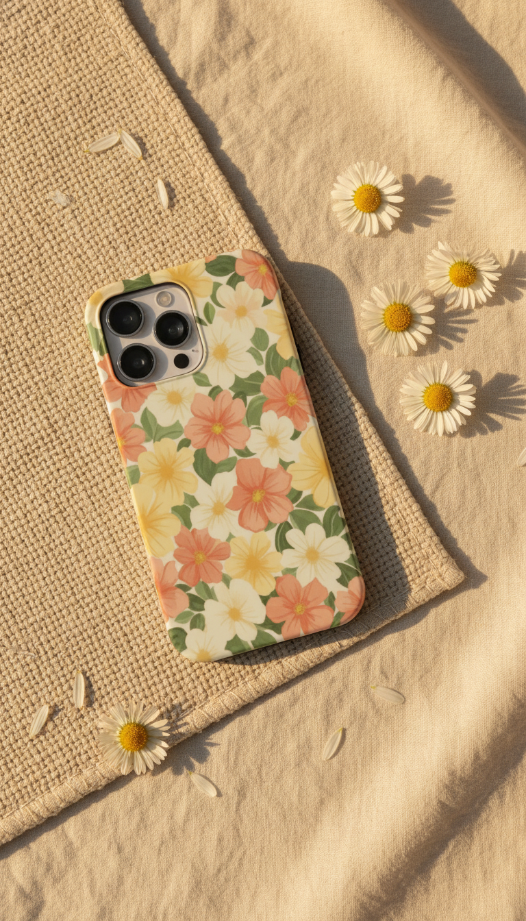 Phone case with floral design on a textured surface with flowers around