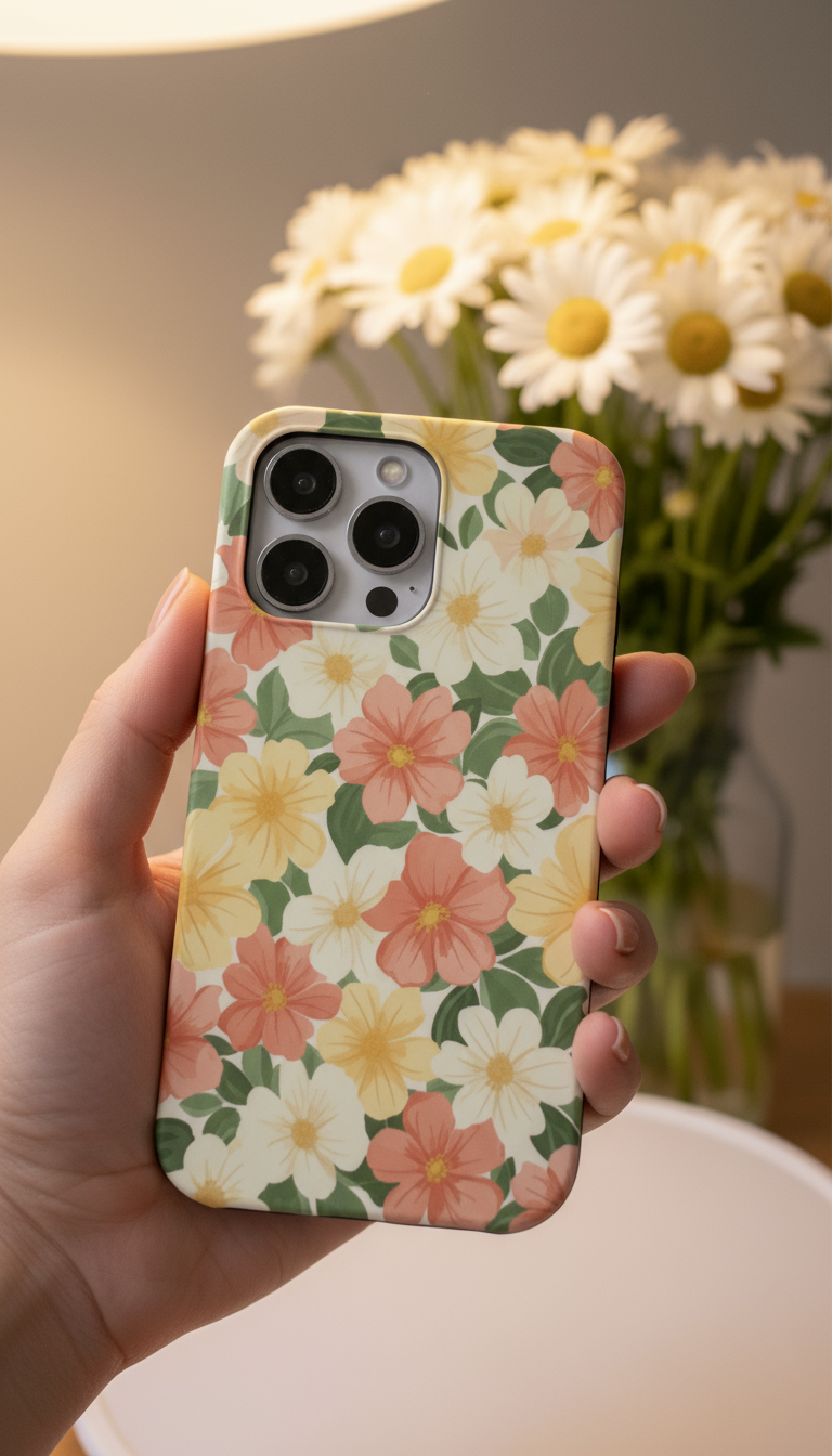 Phone case with floral design held by a hand, with flowers in the background