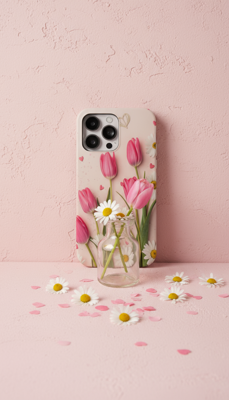 Phone case with floral design on a pink background