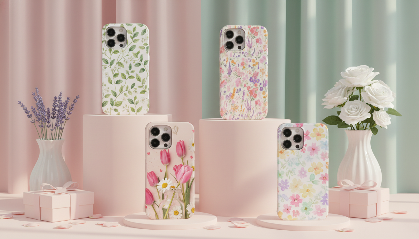 Floral phone cases on display with decorative vases and flowers against a pastel background