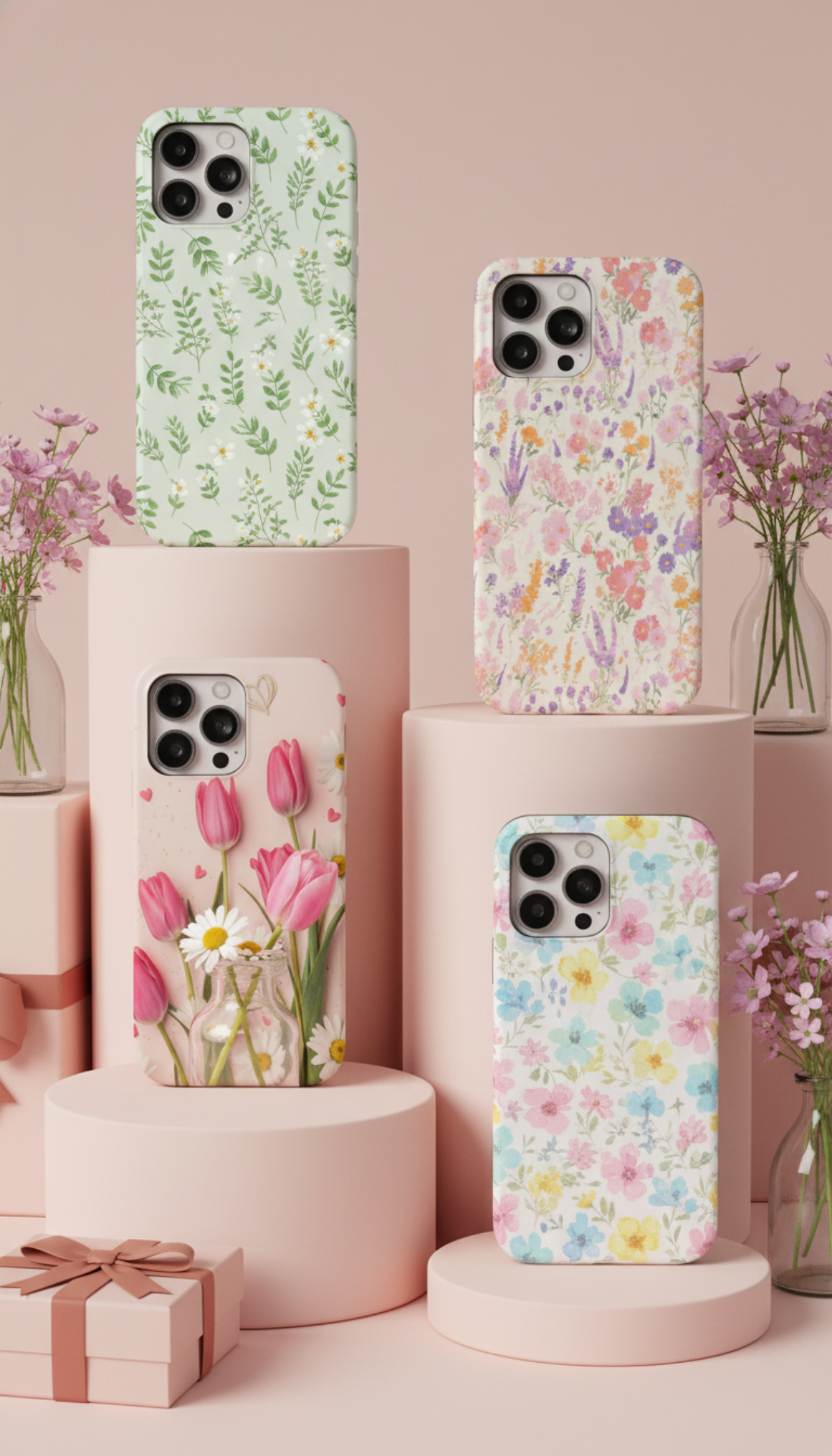 Phone cases with floral designs on a pink background