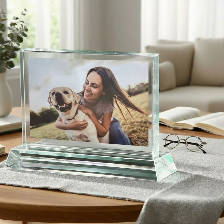 Glass photo frame with a woman and dog inside on a table in a living room.
