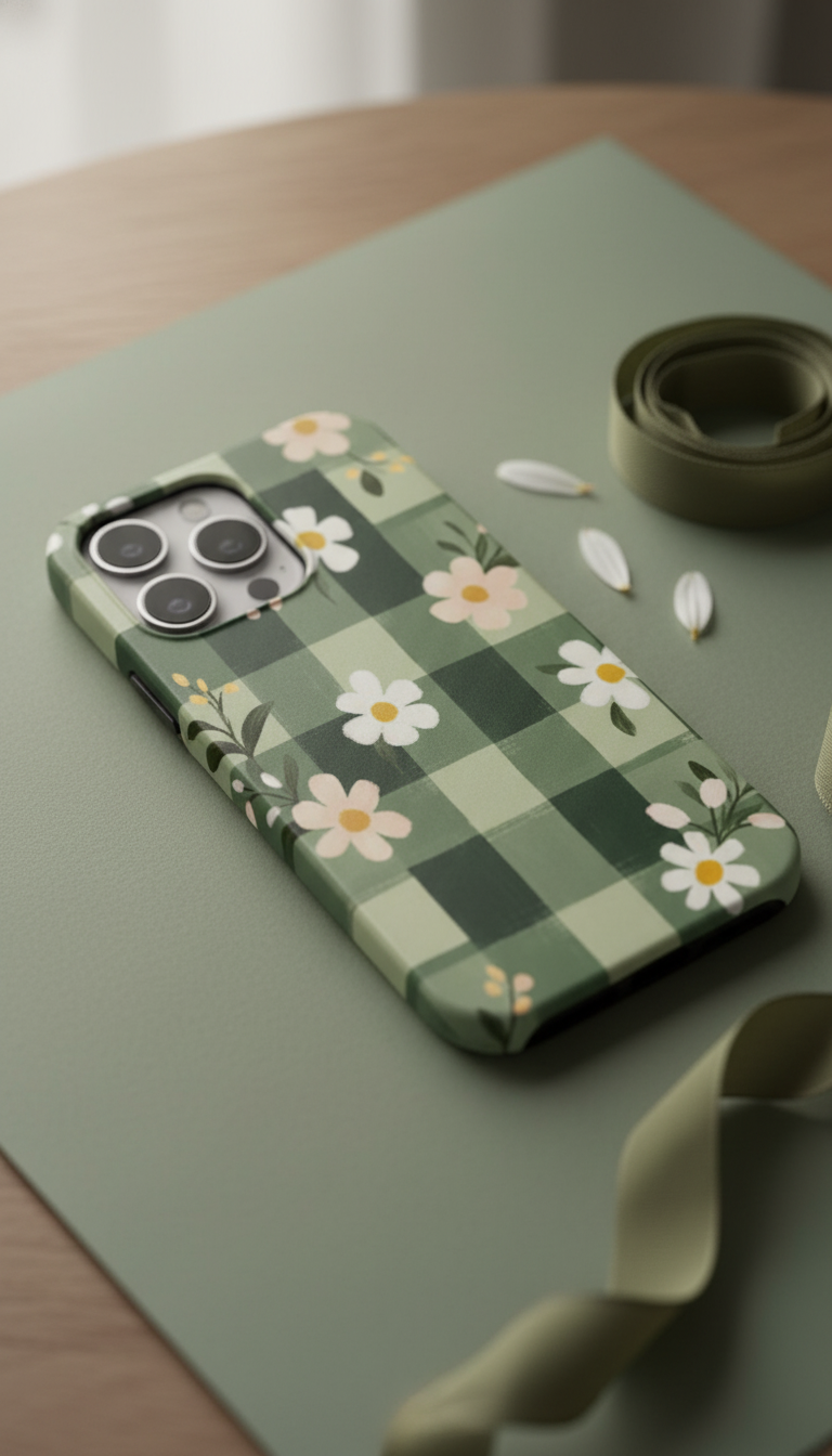 Phone case with floral pattern on a green surface