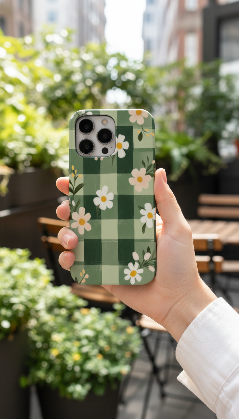 Person holding a phone with a green checkered case featuring white flowers, outdoors.