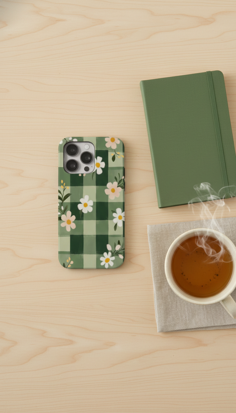 Phone case with floral design, green notebook, and cup of tea on a wooden surface