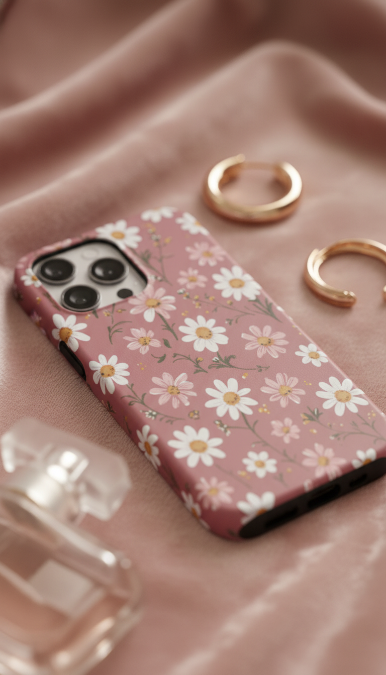 Phone case with floral design on a pink fabric background