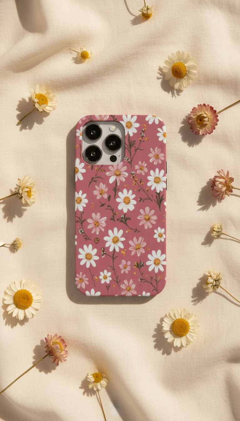 Phone case with floral design on a beige background with flowers around