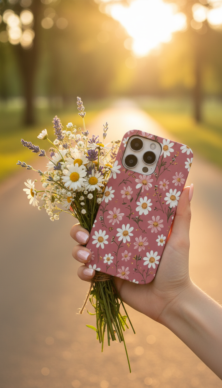 Hand holding a bouquet of flowers and a phone with a floral case on a blurred nature background