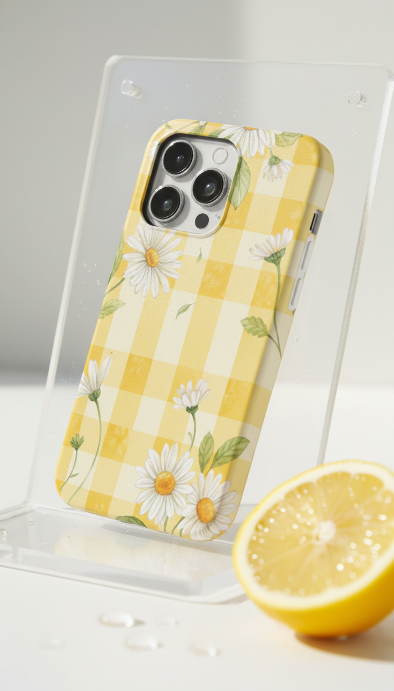 Phone case with yellow checkered pattern and white flowers on a stand, next to a lemon.