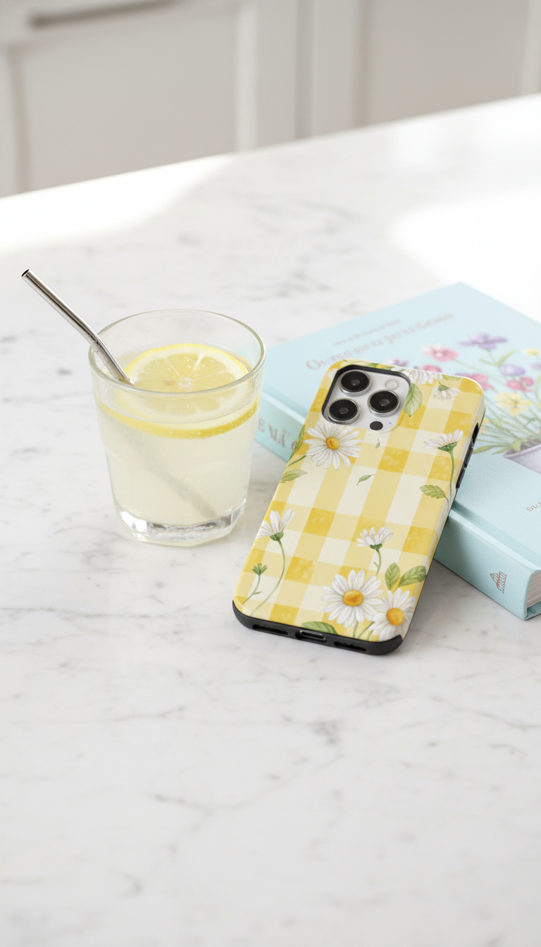 Phone case with yellow checkered pattern and floral design on a marble surface with a glass of lemonade.