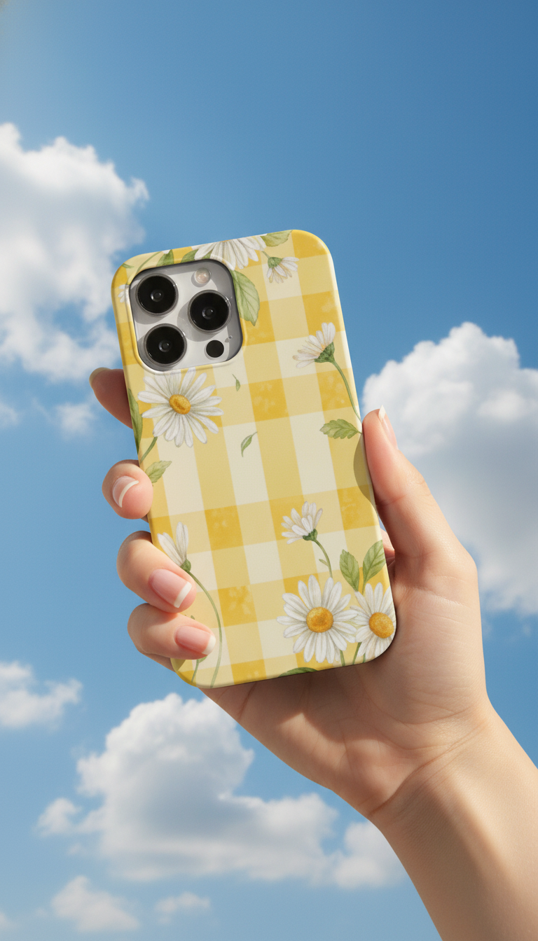 Hand holding a phone with a yellow checkered case featuring daisies against a blue sky.