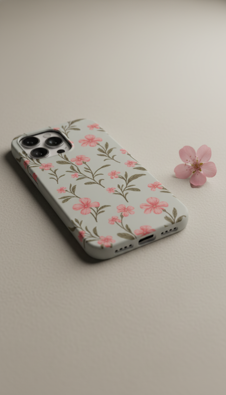 Floral phone case on a light surface with a small pink flower beside it