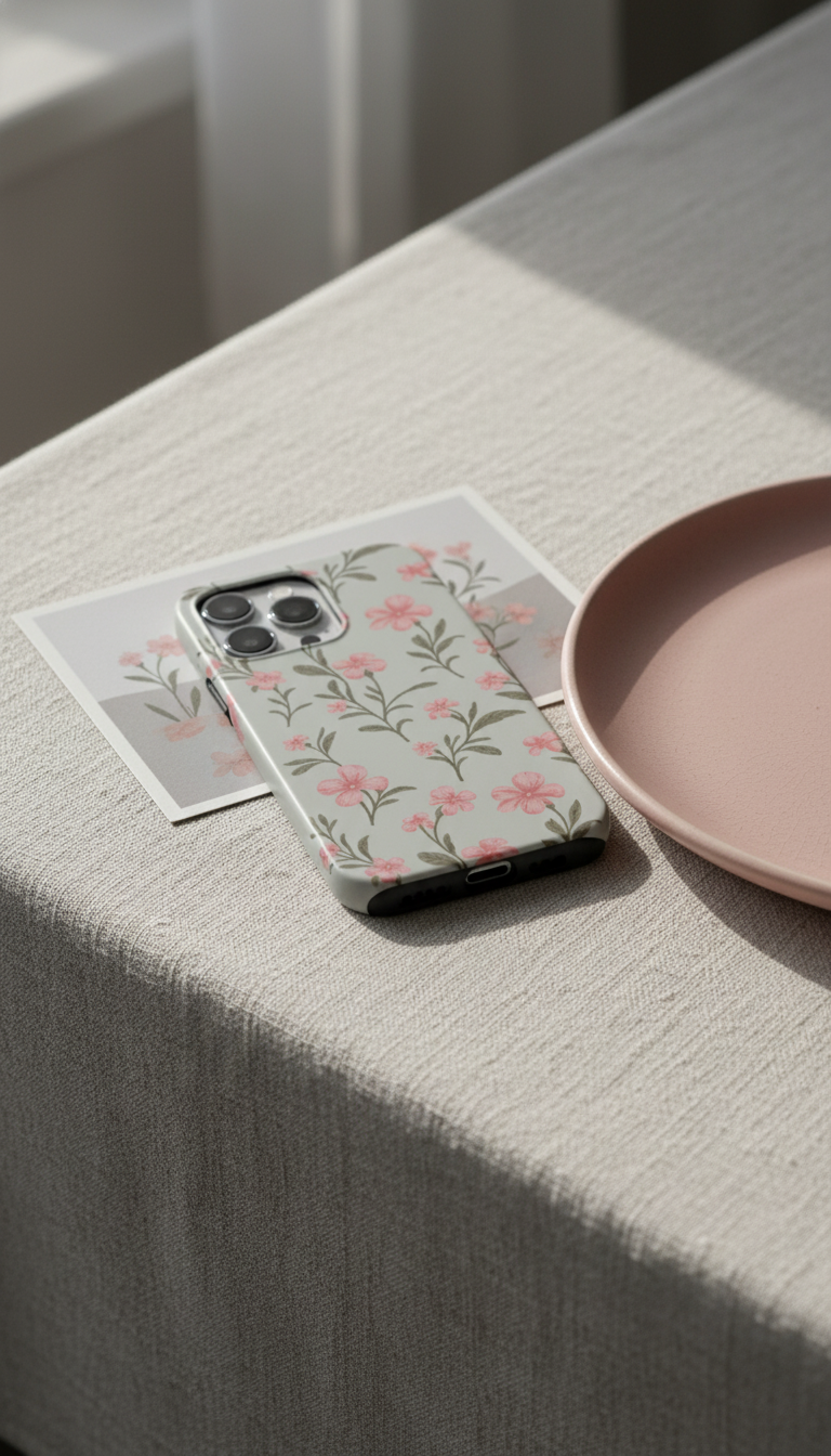 Phone case with floral design on a light surface