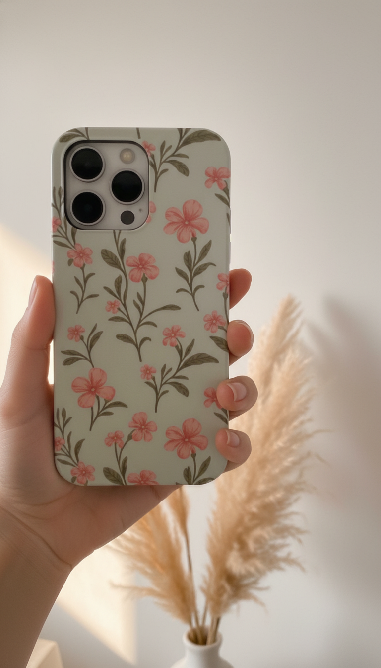 Hand holding a phone with a floral case against a neutral background