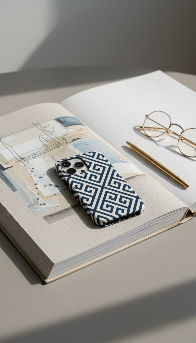 Phone case with geometric pattern on an open book with glasses and pen