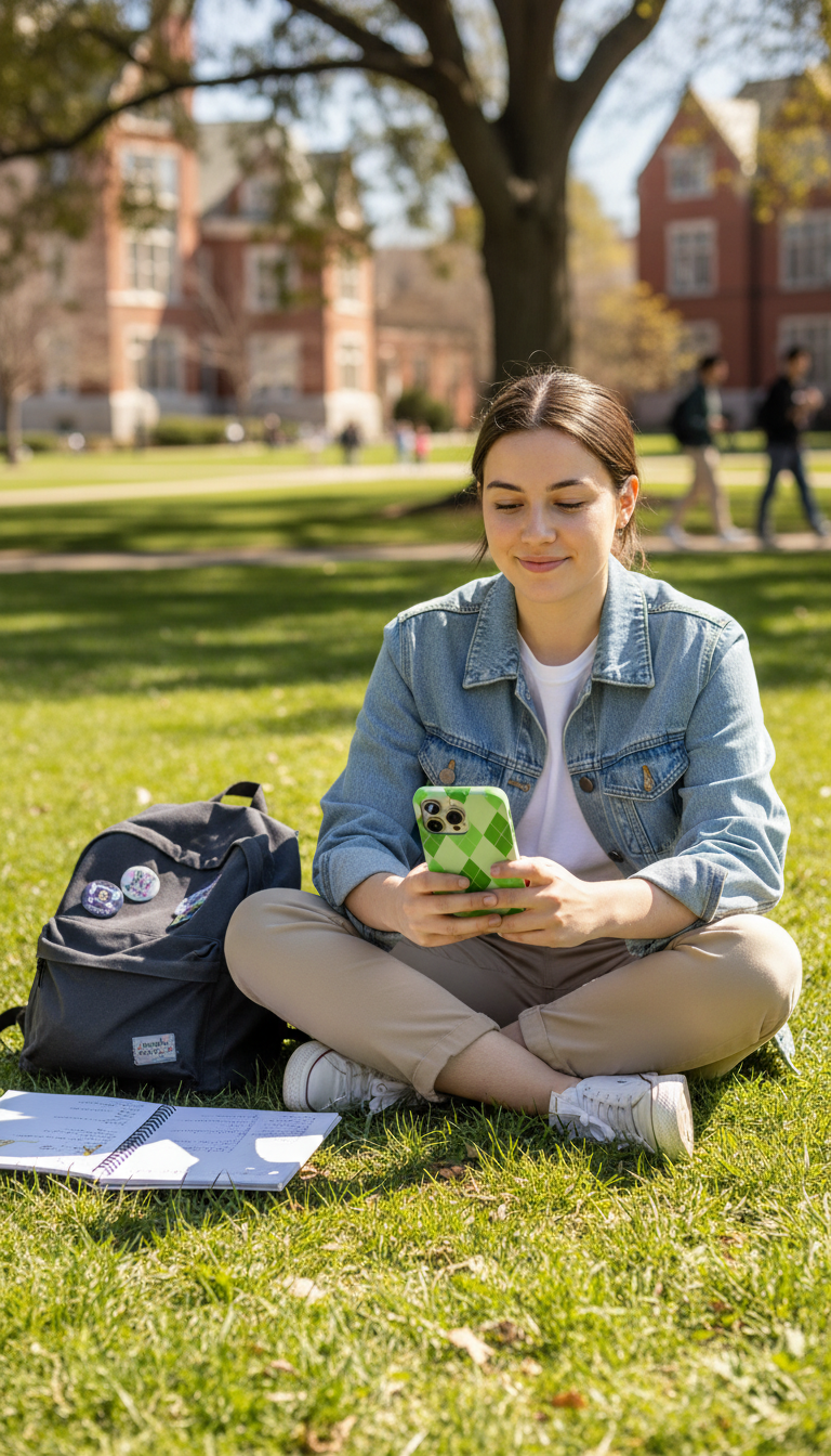 Woman sitting on grass using a phone with a backpack and books nearby, in front of a brick building.
