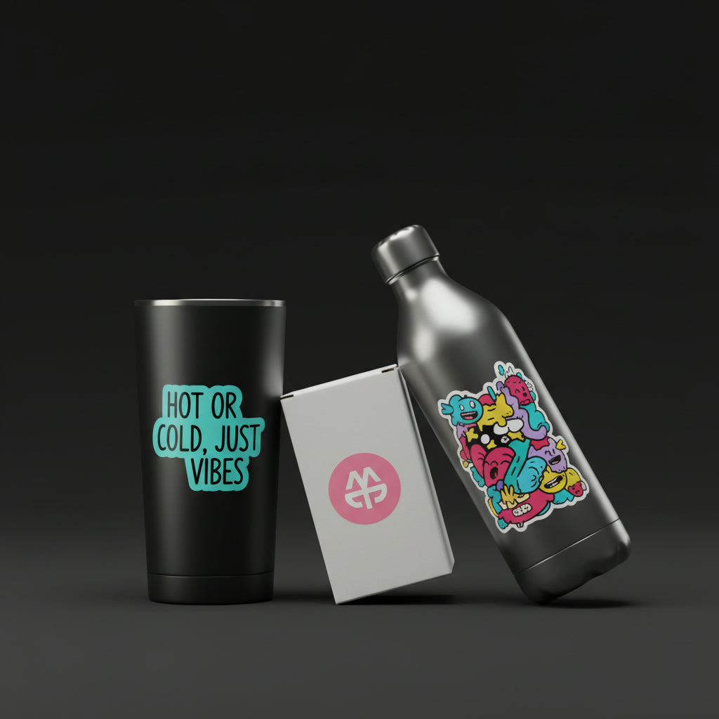 Black tumbler with 'Hot or Cold, Just Vibes' text and colorful water bottle with graphic design on a dark background