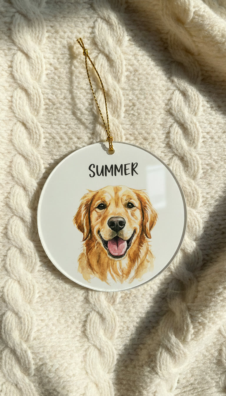 Round ceramic ornament with a golden retriever illustration and 'Summer' text, hanging on a textured white surface.