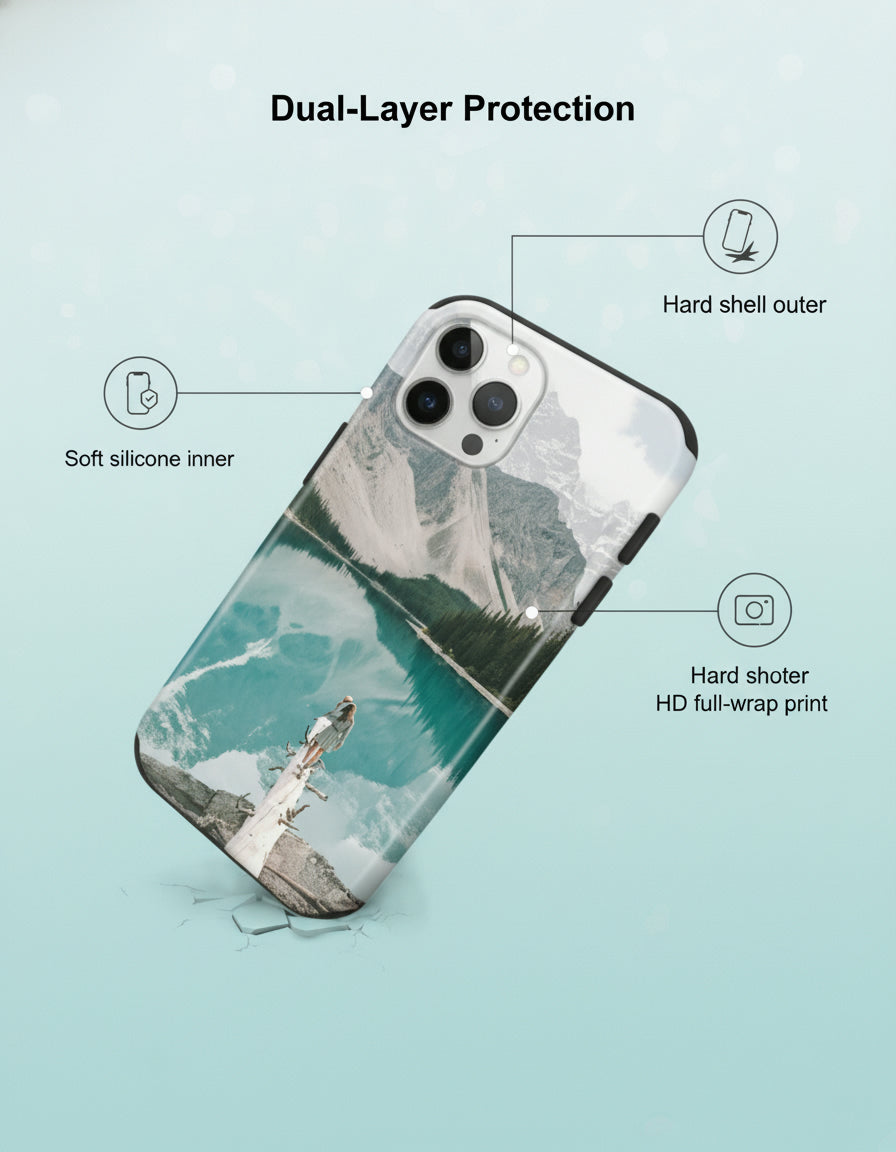 Phone case with dual-layer protection features on a light blue background