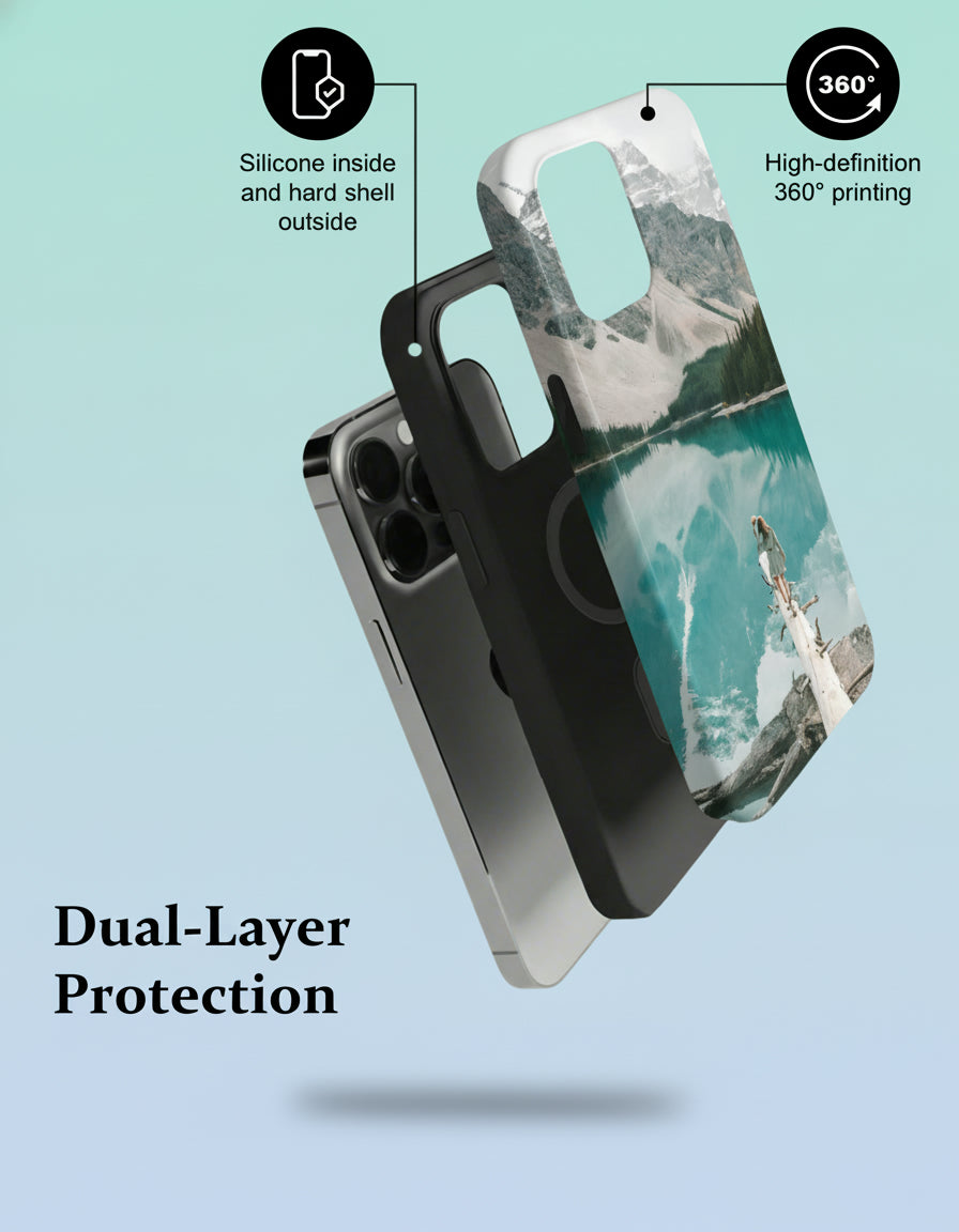 Phone case with dual-layer protection features on a light blue background