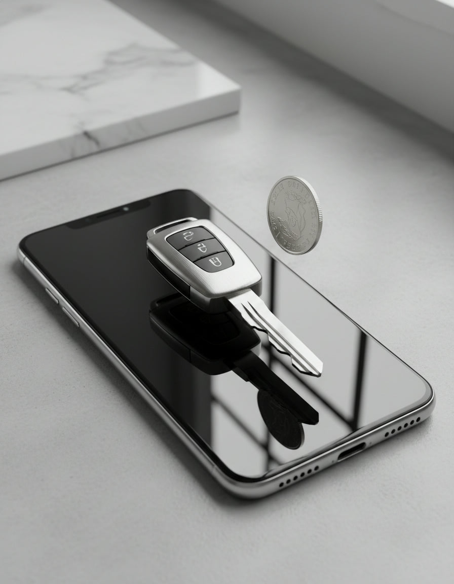 Smartphone with a keychain attached on a marble surface